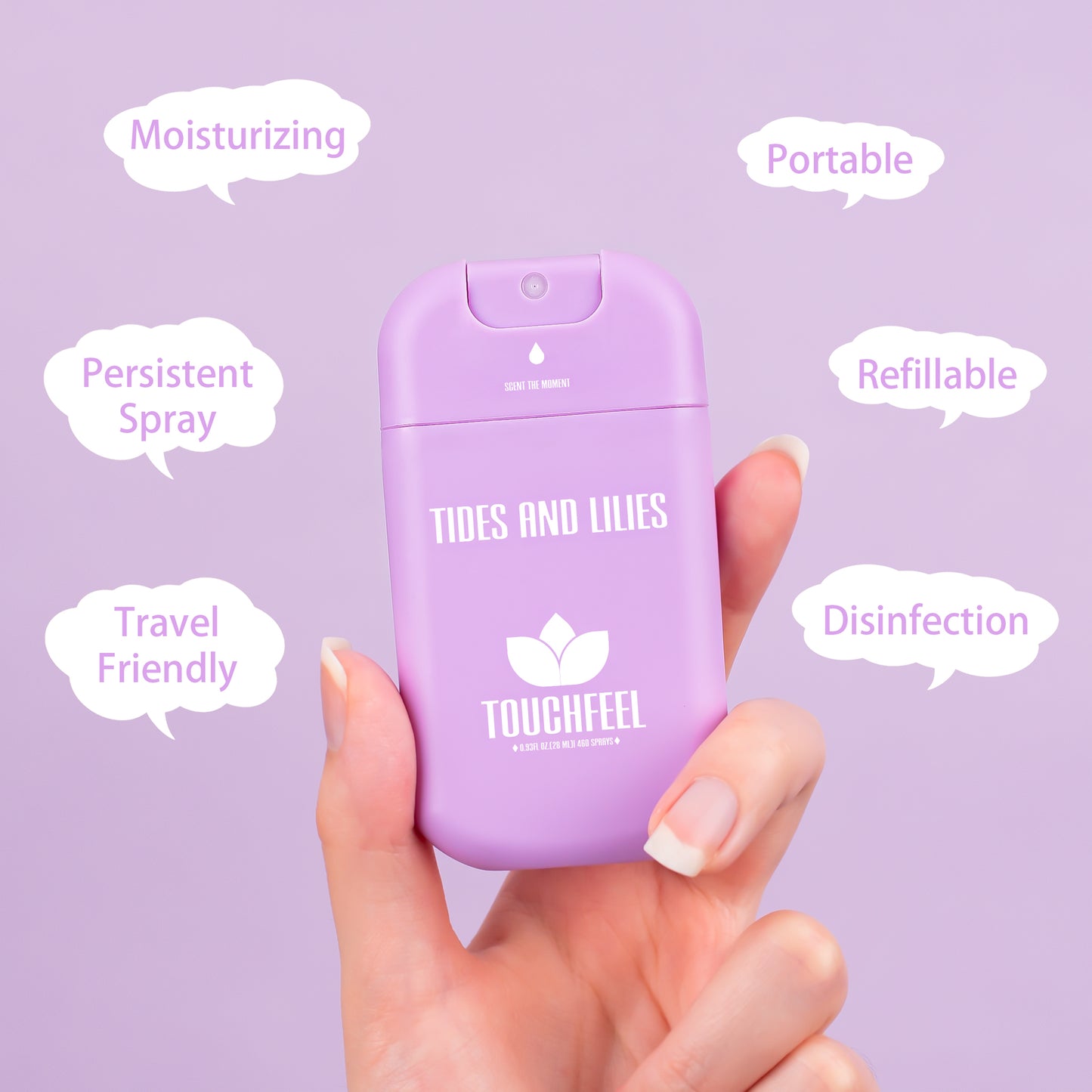 Mini refillable lilac hand sanitizer spray, moisturizing formula