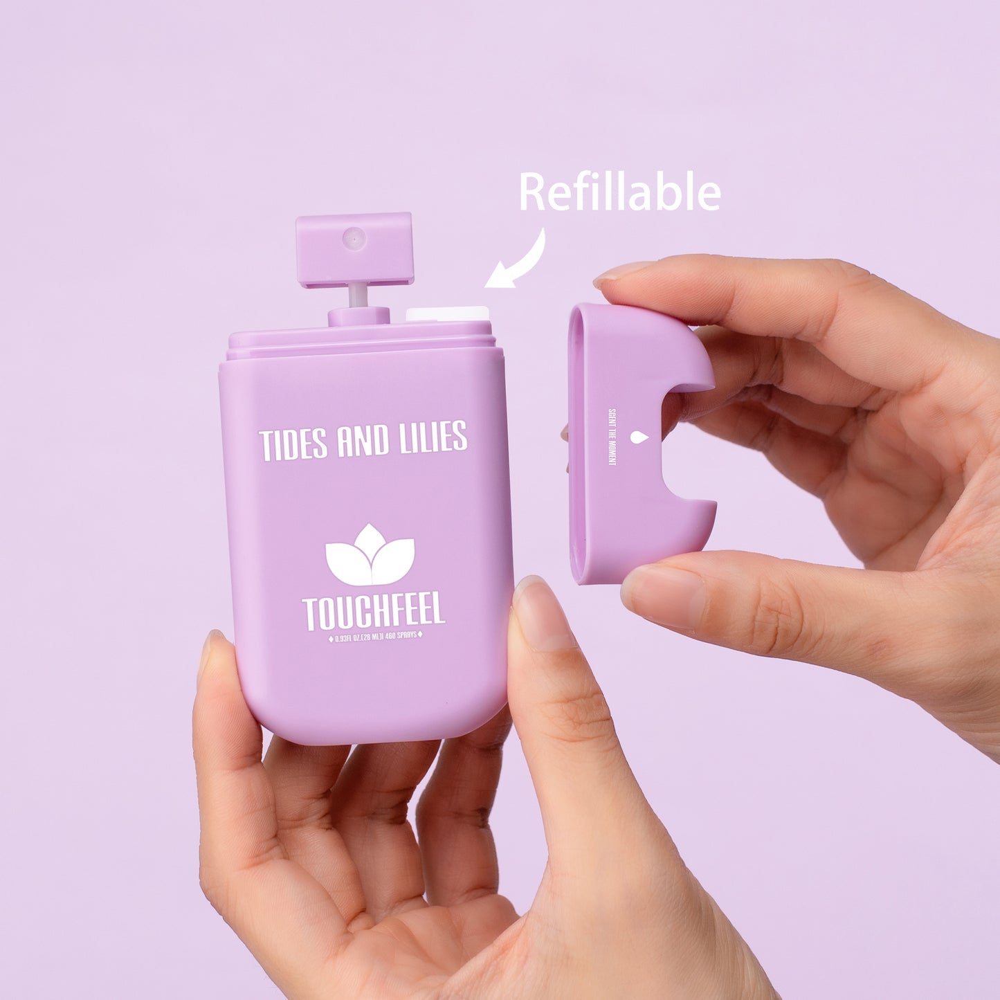Refillable lilac hand sanitizer power mist, hydrating and cute