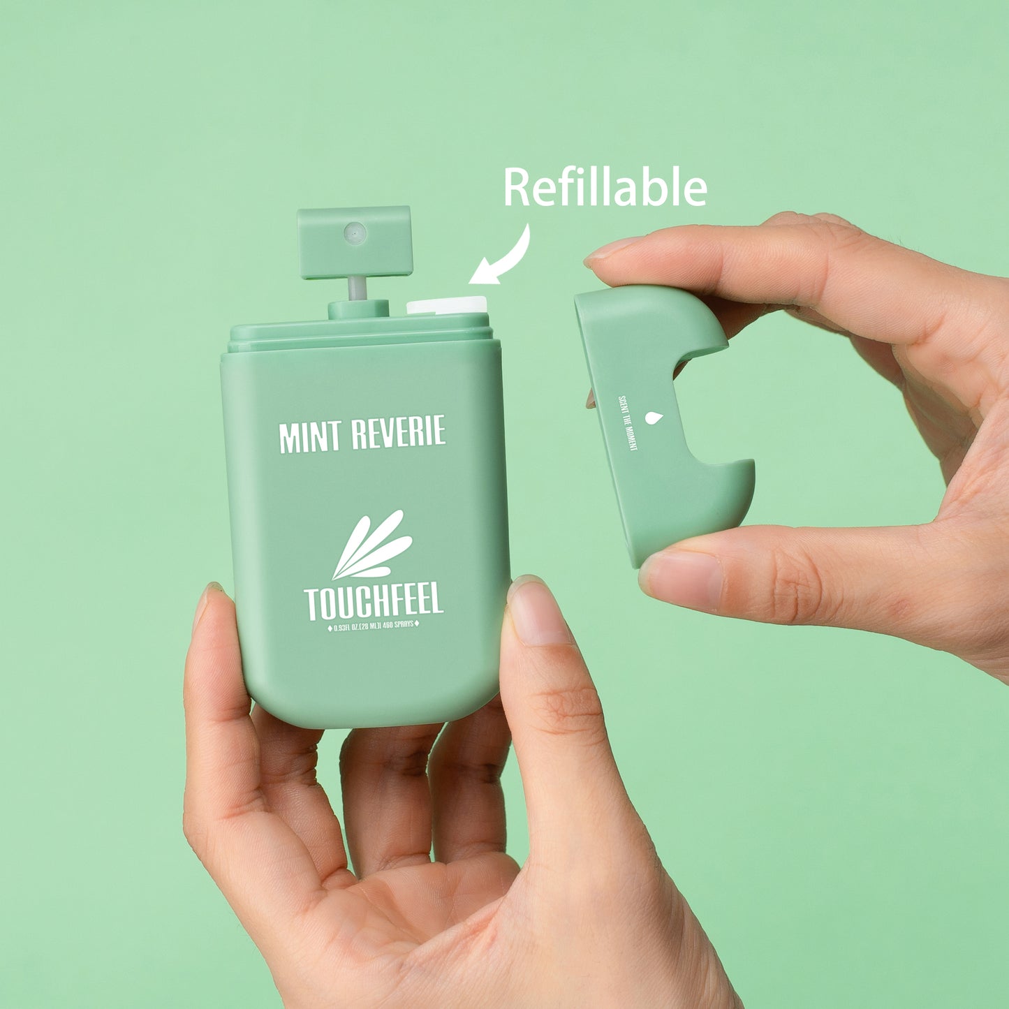 Pocket refillable hand sanitizer power mist with hydrating formula