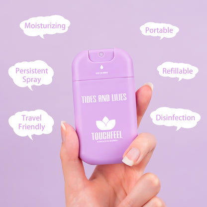 Mini refillable lilac hand sanitizer spray, moisturizing formula