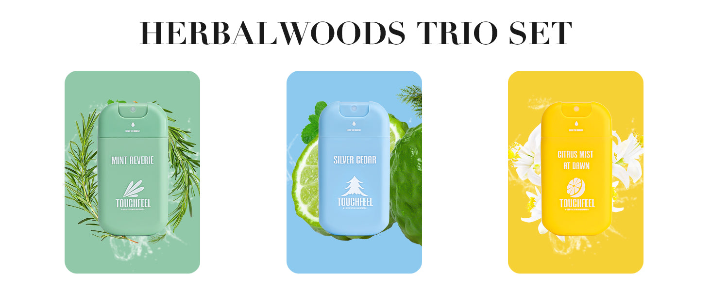 HerbalWoods hand sanitizer set - 3 refreshing sprays (mint, bergamot,  Orange Blossom) with 99.9% germ protection
